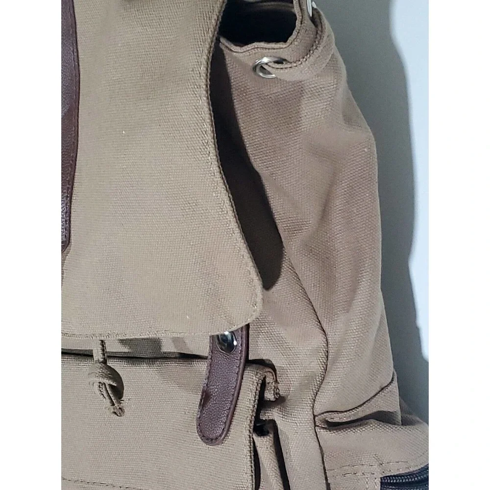 Bella Russo Canvas Backpack Rucksack Bookbag Brown Tan 16"x 18" Zip Snap Close - Picture 3 of 7